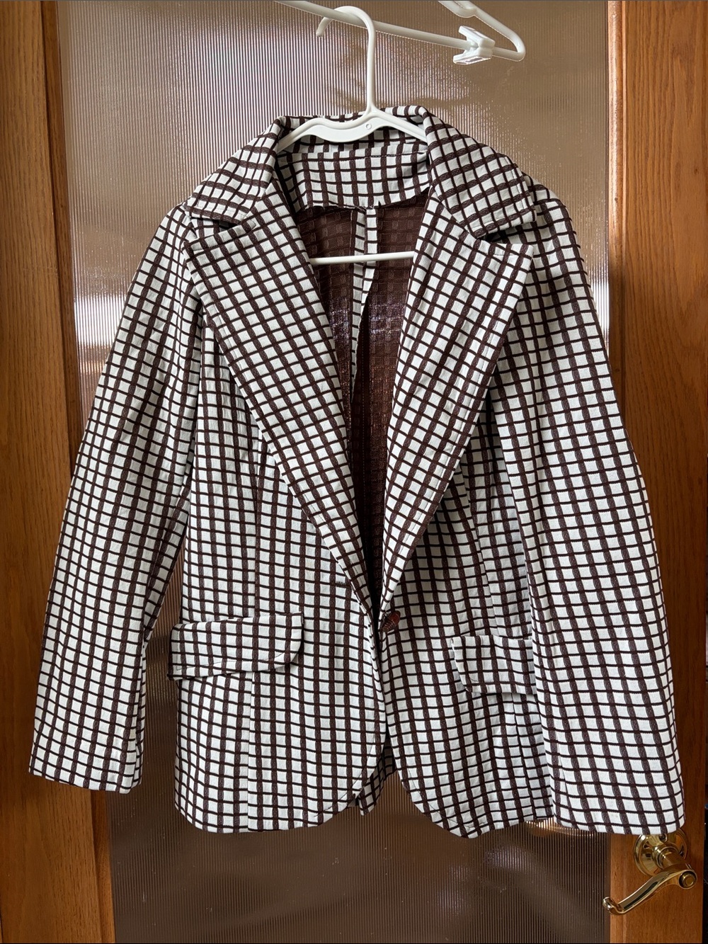 70s Women's Brown & White Check Blazer Jacket